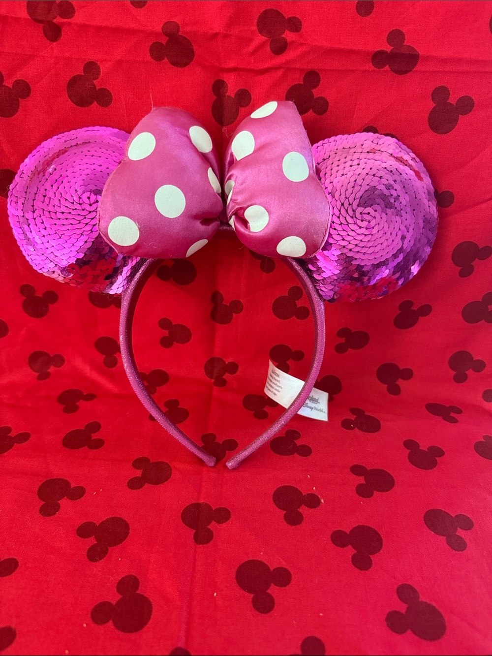PINK DISNEY WORLD 🎀 Sequin Minnie Ear Headband with Polka Dot Bow